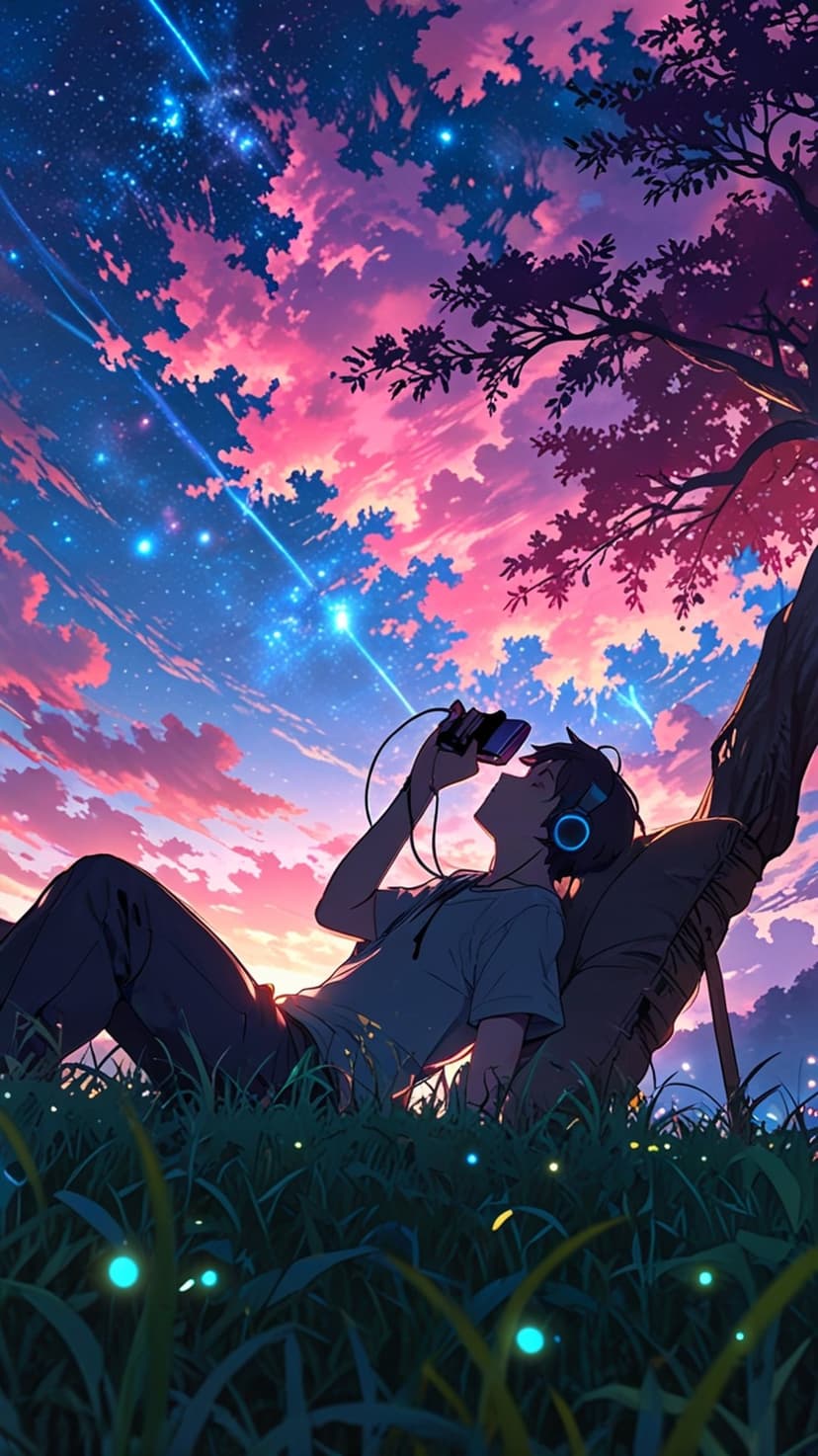 Young man with headphones leans against a tree beneath a nebula-filled night sky and glowing green fireflies.