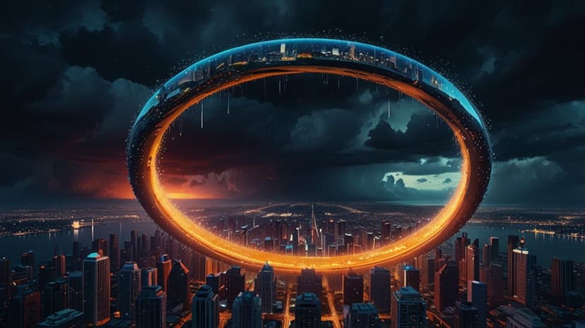 Massive glowing circular portal hovers over a dark futuristic skyline with orange lights and stormy clouds.