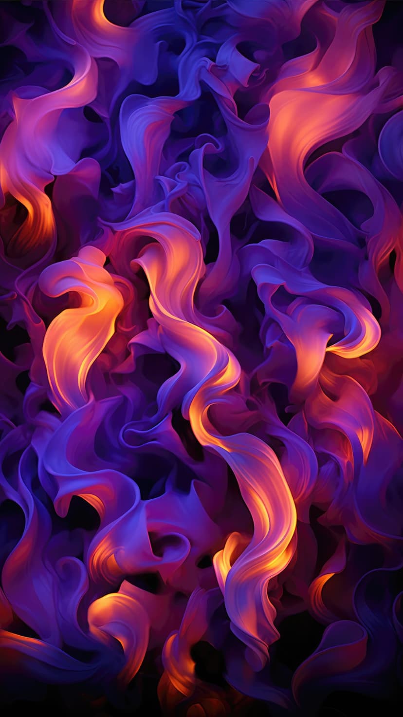 Swirling plumes of neon purple and electric orange light flow vertically across a deep, dark atmospheric background.