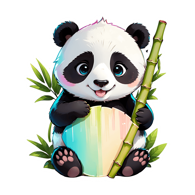 Panda bear sticker clutching rainbow bamboo stalks, featuring fluffy white fur and bright blue eyes.