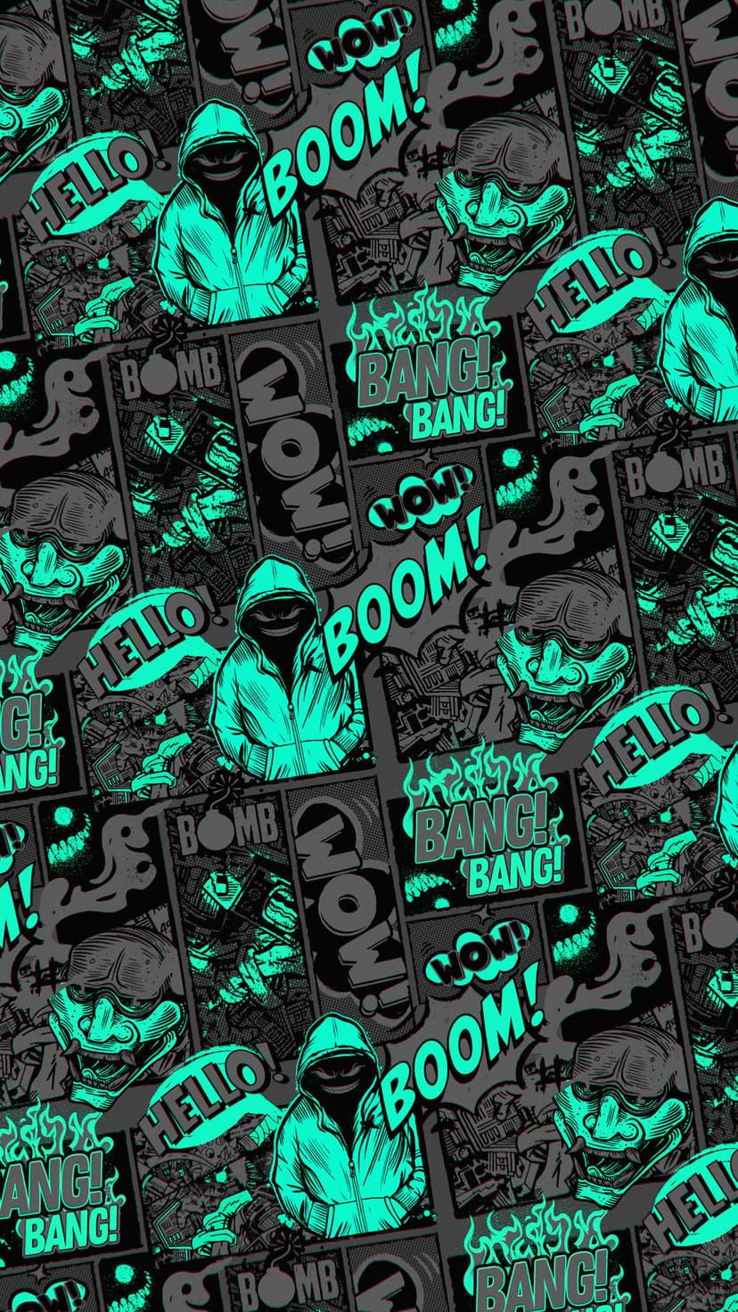 Hooded character with a menacing mask stands amidst glowing green BOOM and BANG text in a gritty comic style.