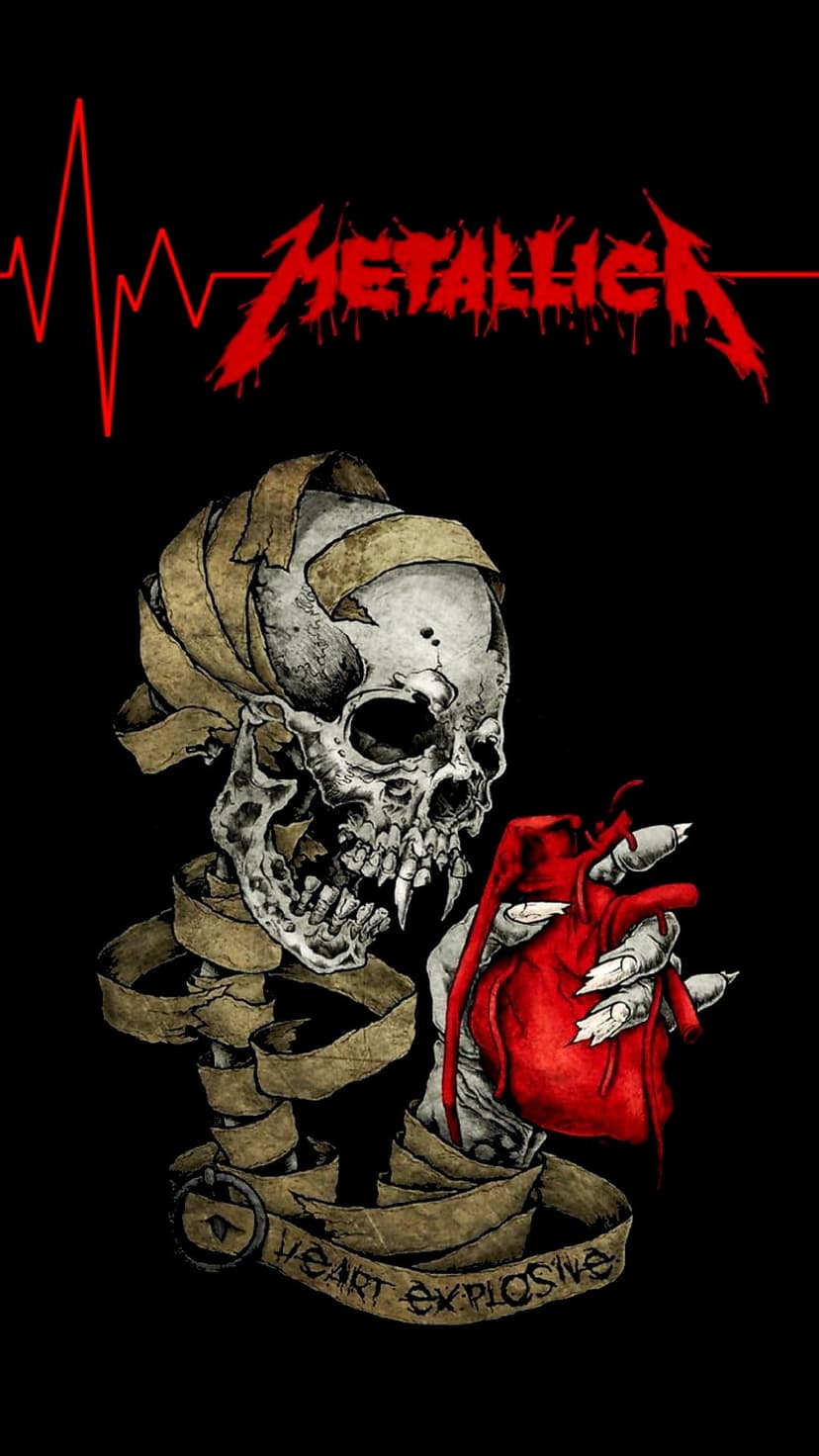Bandaged skull with vampire fangs holds a bloody anatomical heart against a black backdrop with red text.
