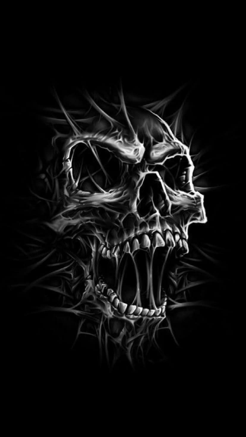 Skull with sharp spikes and wispy smoke tendrils emerging from a dark background in a vertical composition.