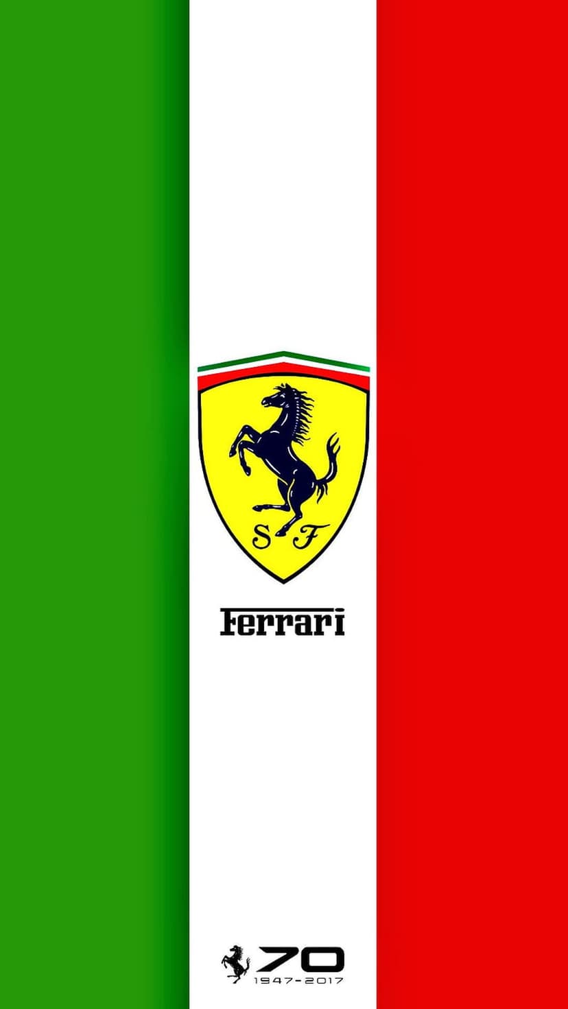 Ferrari Prancing Horse shield centered over green white and red vertical stripes for the 70th anniversary.