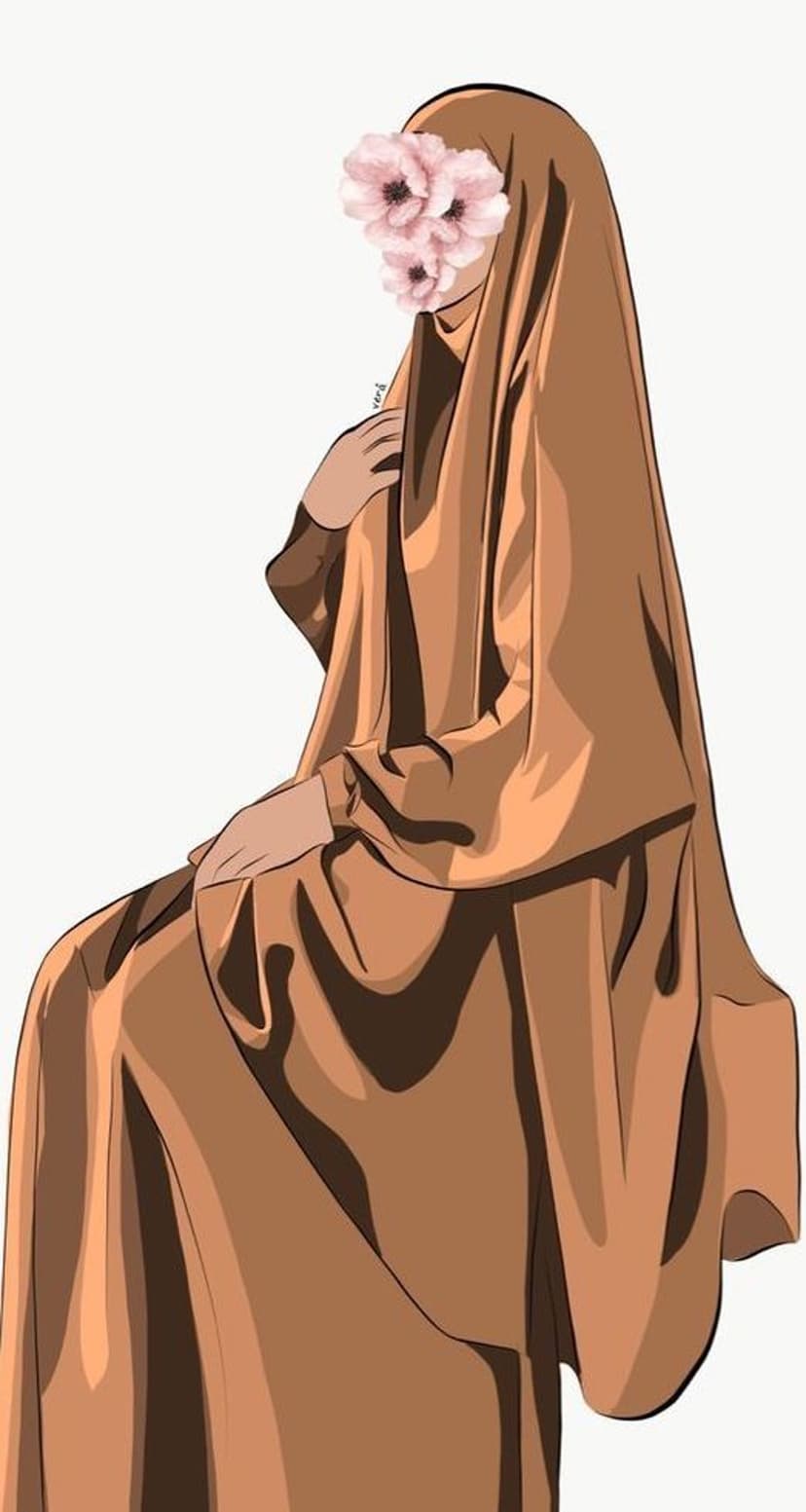 Muslim woman wearing a brown hijab with delicate pink flowers covering her face against a neutral background.
