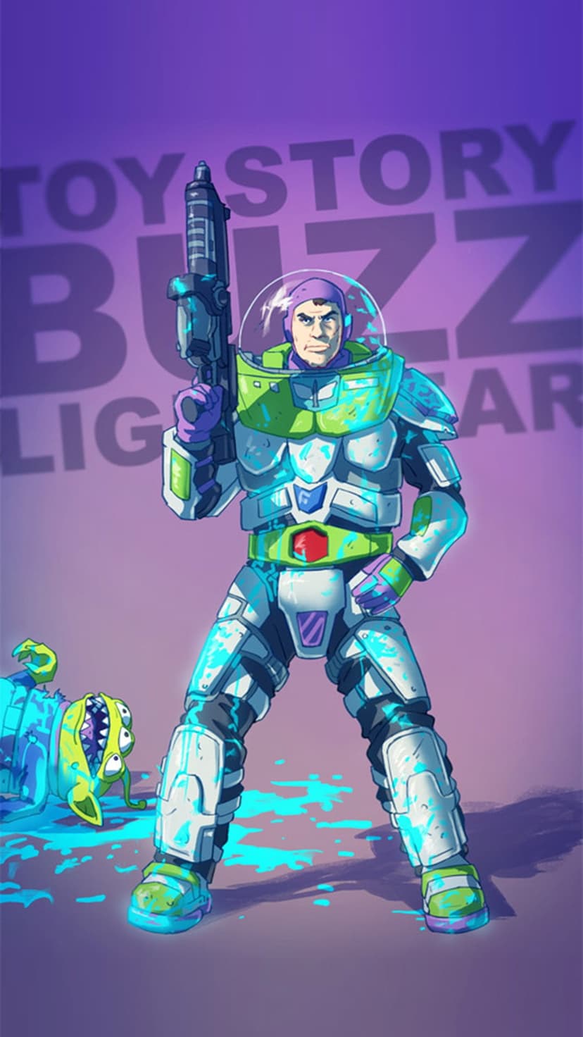 Buzz Lightyear in a space suit holds a laser blaster above a small green alien against a bold logo background.