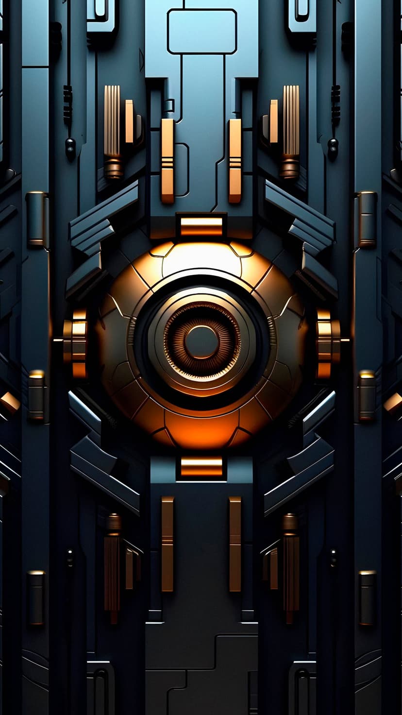 Cybernetic eye with a glowing orange iris embedded in dark, segmented metallic armor plating and circuitry.
