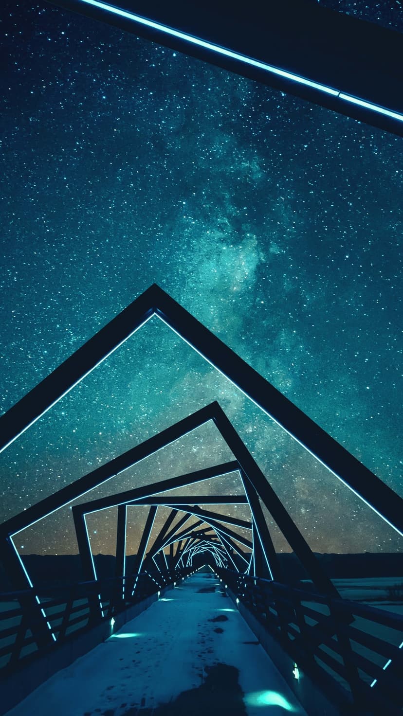 Blue neon geometric frames form a long bridge stretching toward the Milky Way galaxy in a dark night sky.
