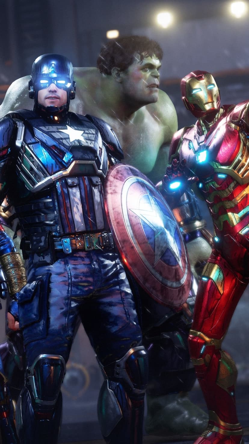 Captain America, Hulk, and Iron Man stand ready with a vibranium shield and red armor in this vertical heroic scene.