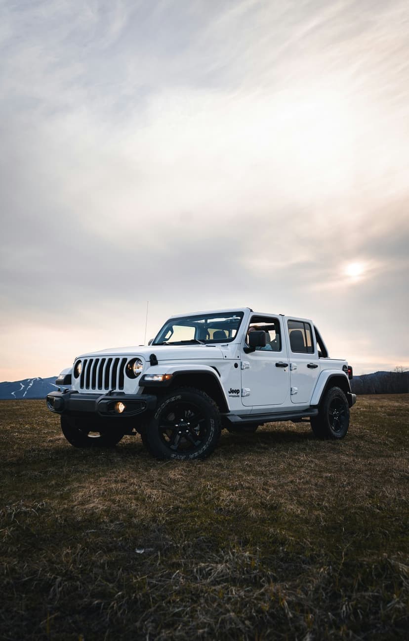 White Jeep Wrangler parked in a dry grassy field with mountain peaks and a cloudy sky in the background.