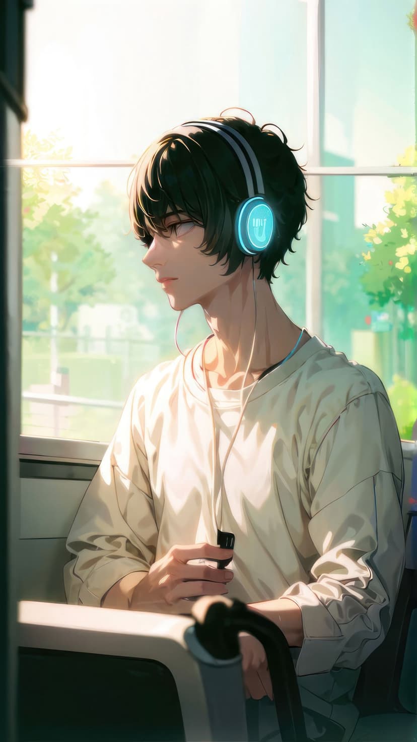 Young man with glasses and glowing blue headphones looks through a sunlit window toward vibrant green trees.