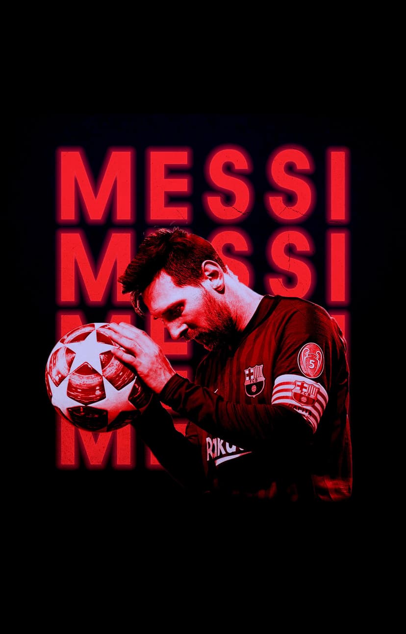 Lionel Messi in a Barcelona kit holds a football while glowing red neon text illuminates the dark background.