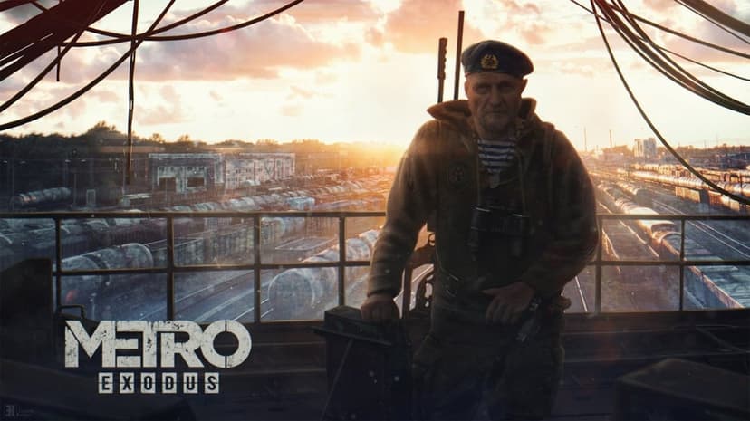 Miller from Metro Exodus stands before a golden hour train yard with industrial tankers and hazy sunset light.