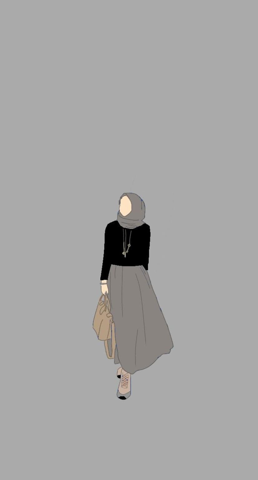 Woman wearing a grey hijab, black top, and long skirt holds a beige purse against a neutral, minimal backdrop.