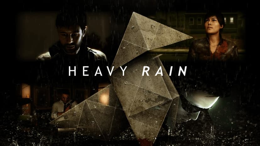 Large paper origami bird surrounded by four characters in rain with title text on a dark landscape background.