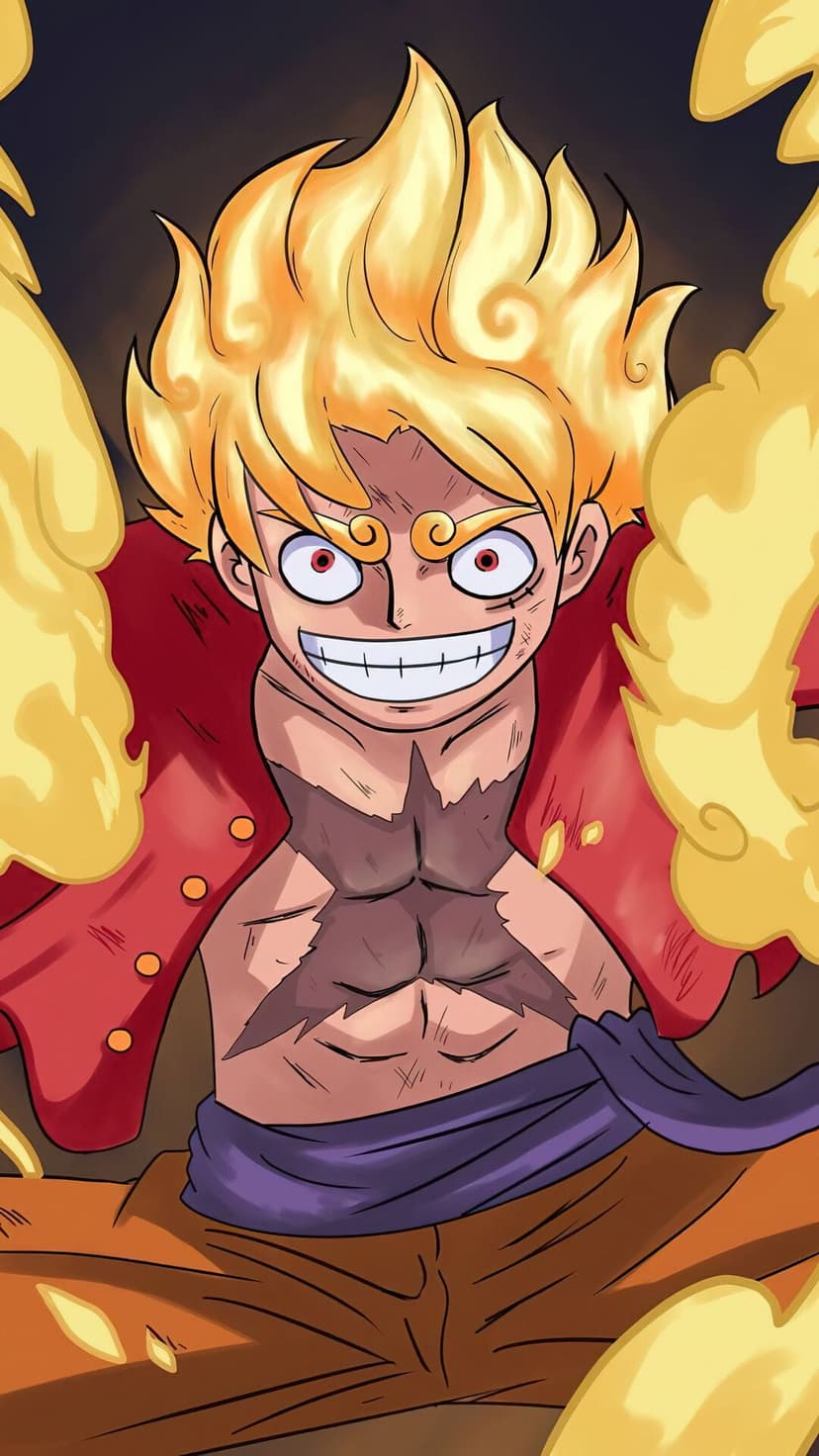Monkey D. Luffy in Gear 5 form with flaming golden hair, a red vest, and a joyous grin amid white energy clouds.