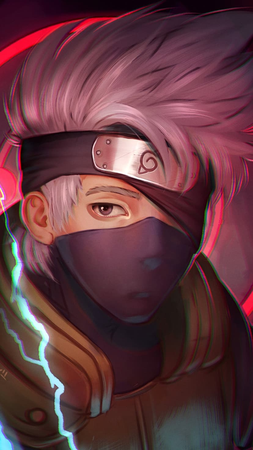 Kakashi Hatake wears a blue headband and face mask while illuminated by vibrant red and cyan neon light beams.
