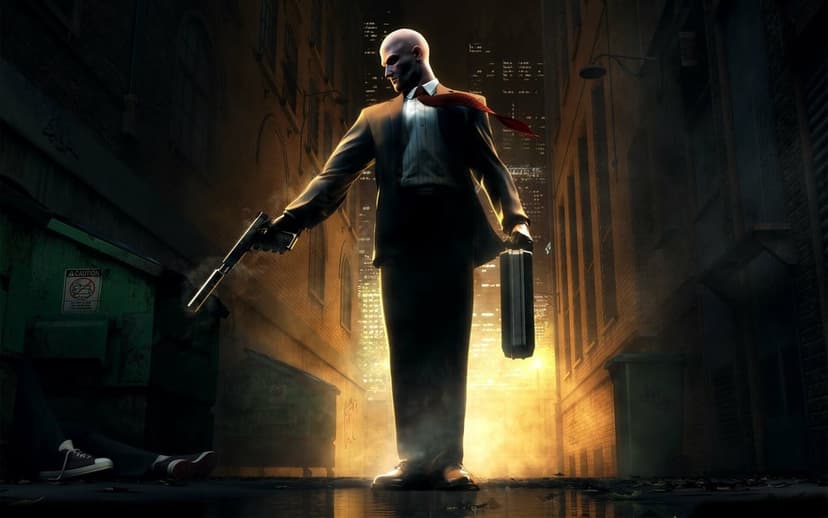 Agent 47 in a black suit holds a smoking silenced pistol and silver briefcase in a dark, wet urban alleyway.