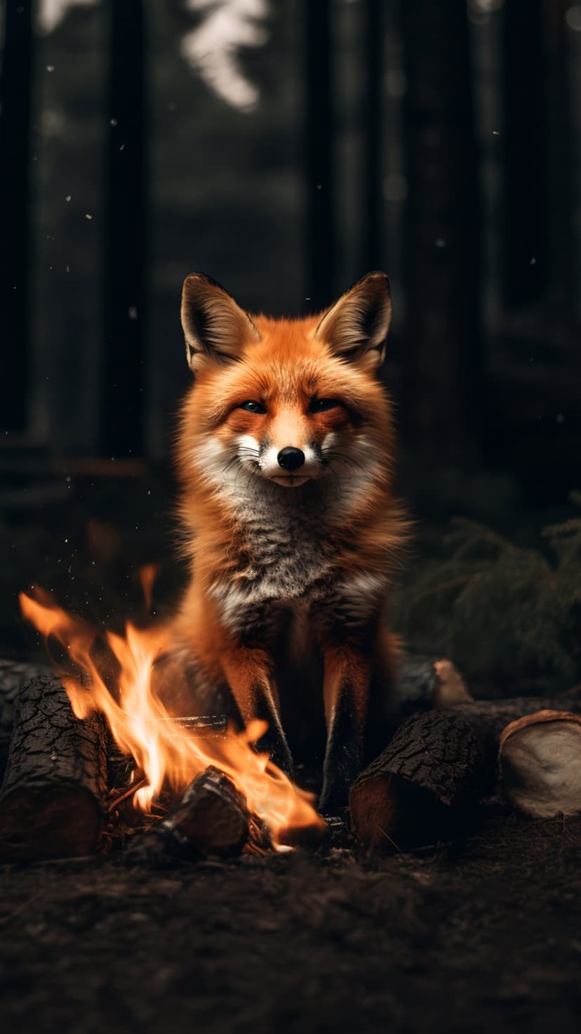 Red fox with fluffy fur sits near a small campfire in a dark forest with embers floating in the night air.