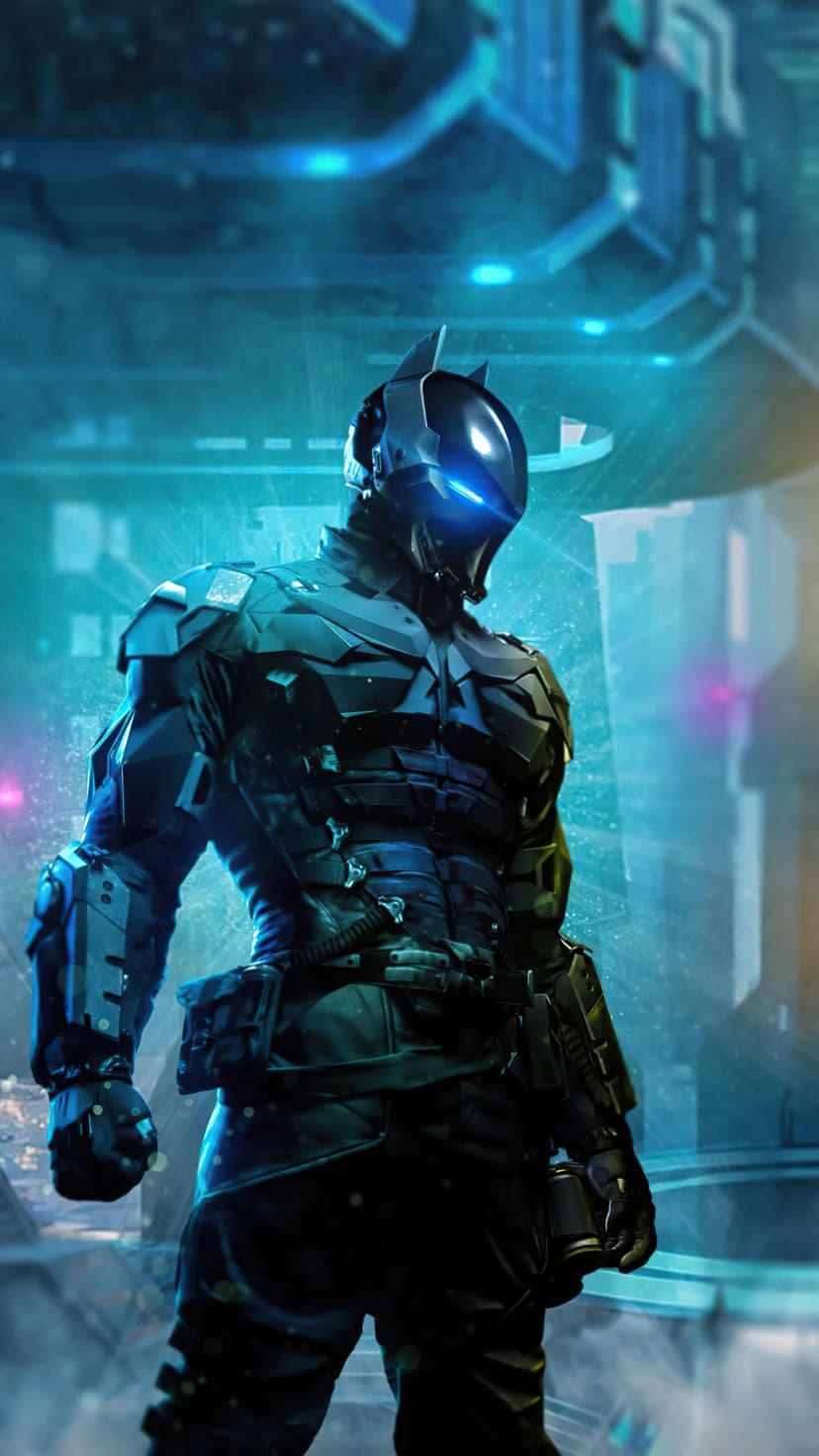 Batman in matte black tactical armor with a luminous blue visor against a blurred neon city street at night.