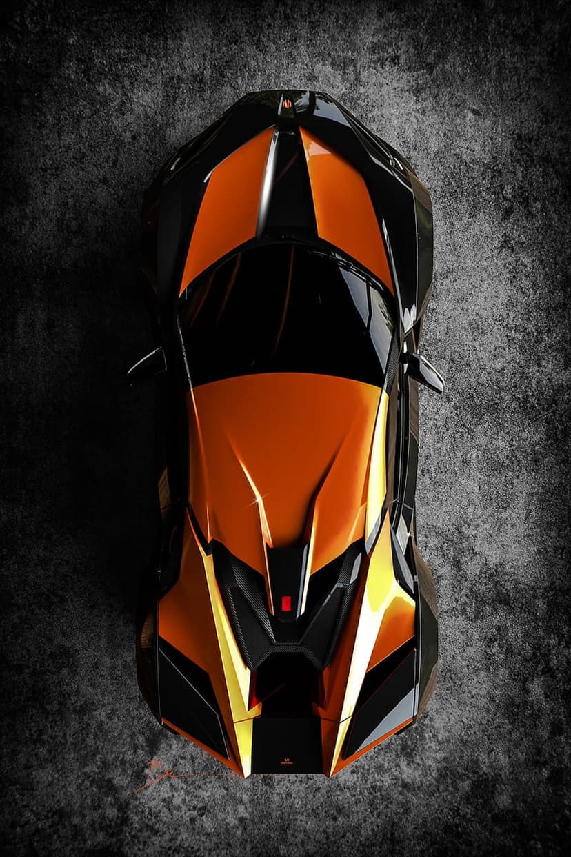 Metallic orange hypercar viewed from a top-down angle showcasing aggressive black aerodynamic wings and vents.