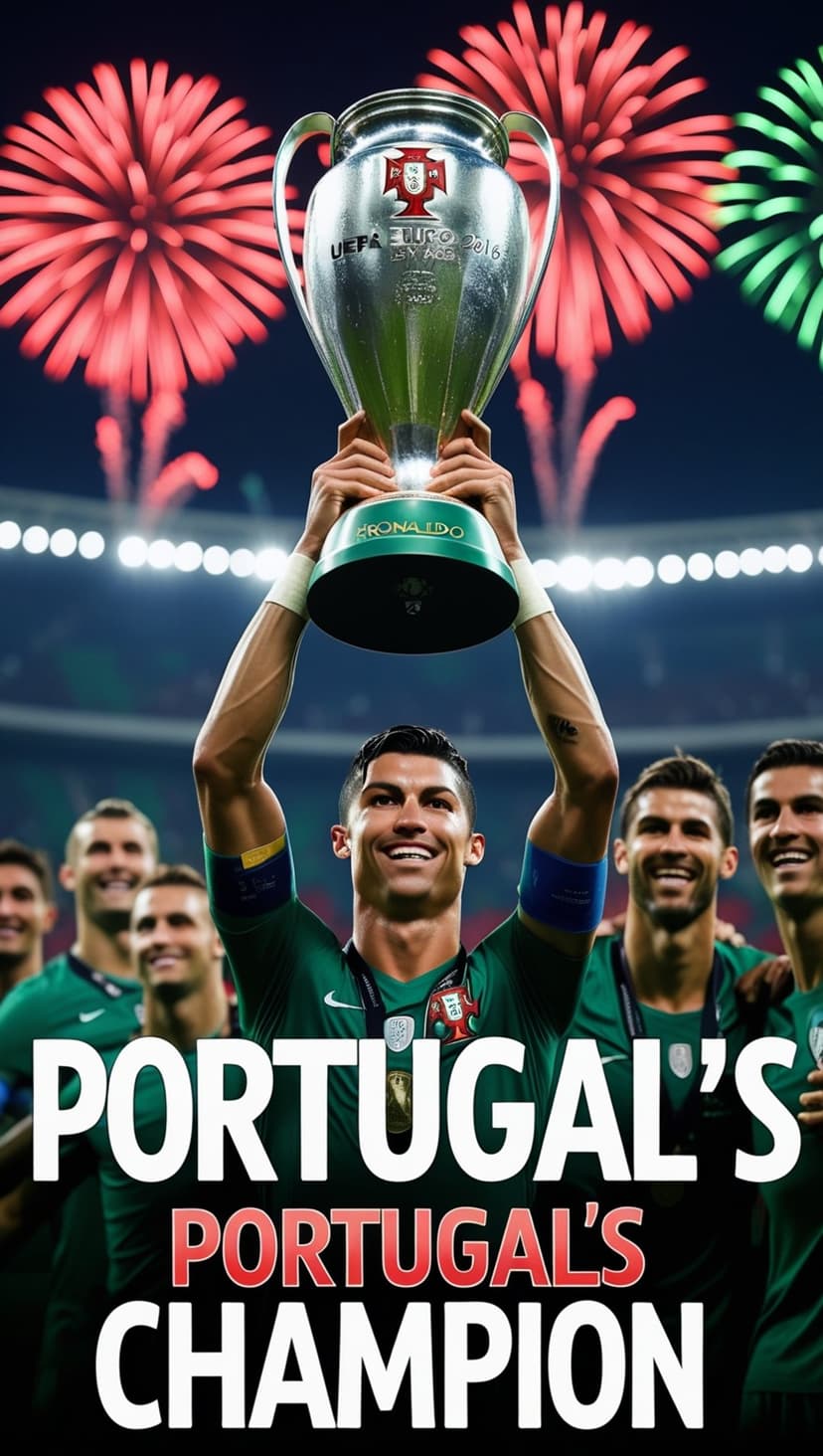Cristiano Ronaldo holds the silver Euro 2016 trophy aloft as fireworks explode behind him in a night stadium.