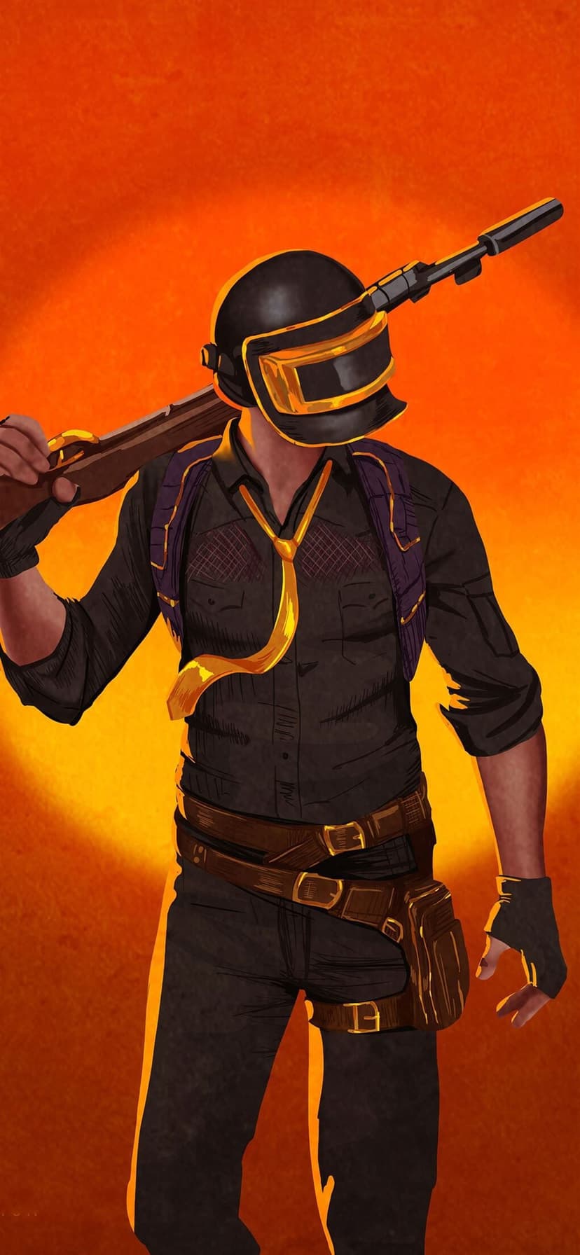 Soldier wearing a level three helmet and tie holds a rifle over their shoulder against a golden orange backdrop.
