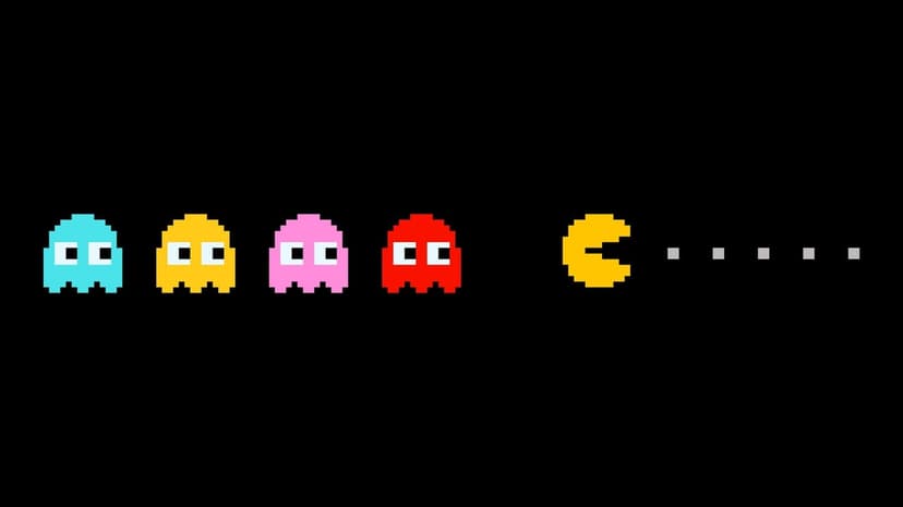 Yellow pixel art Pac-Man followed by four colorful ghosts moving across a black background toward pellets.