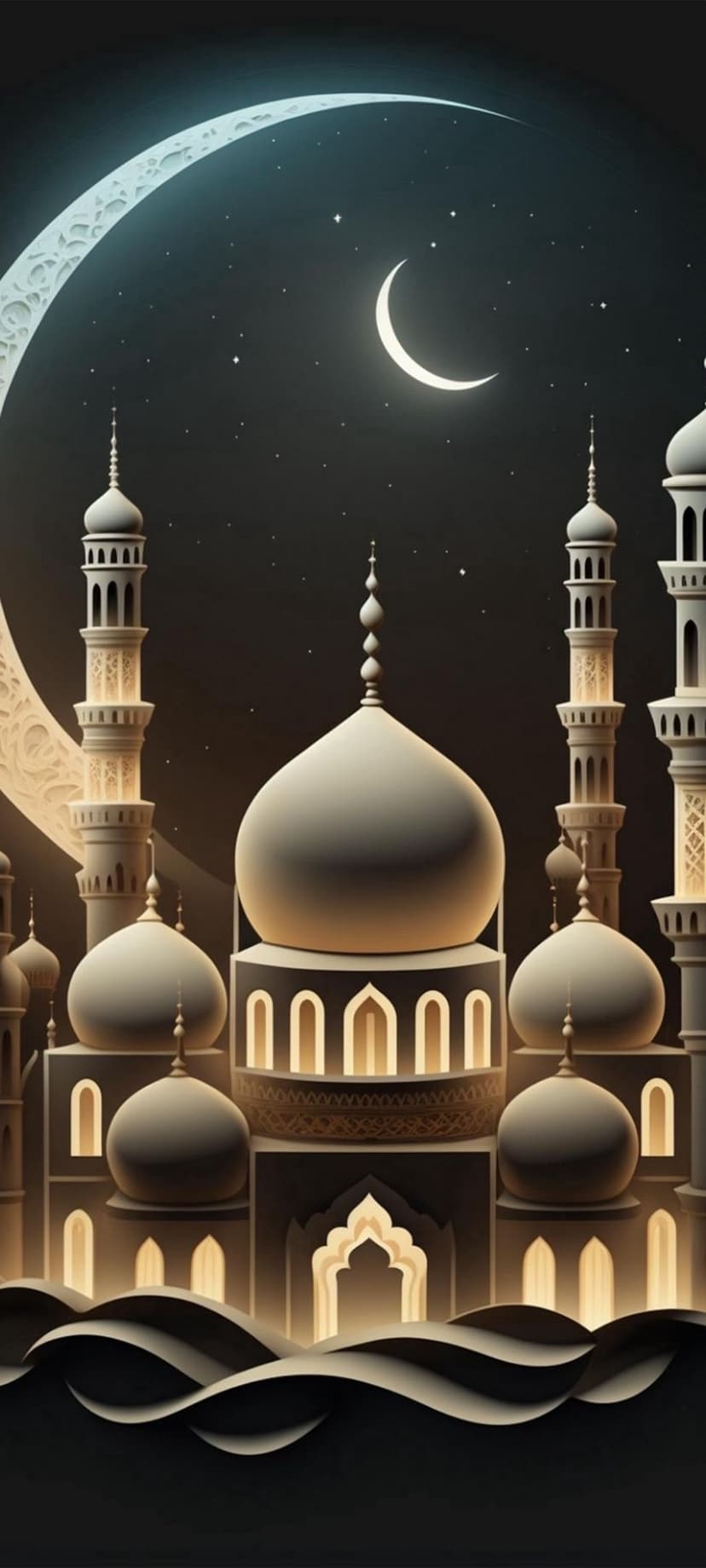 Mosque minarets and domes silhouetted against a dark blue sky with a glowing crescent moon and scattered stars.
