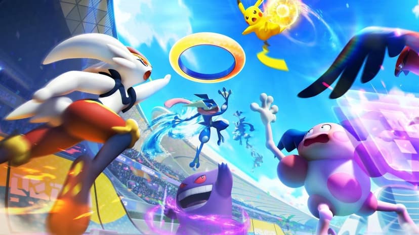 Cinderace and Greninja jump toward a scoring hoop in a vibrant Pokemon Unite stadium battle under a bright blue sky.
