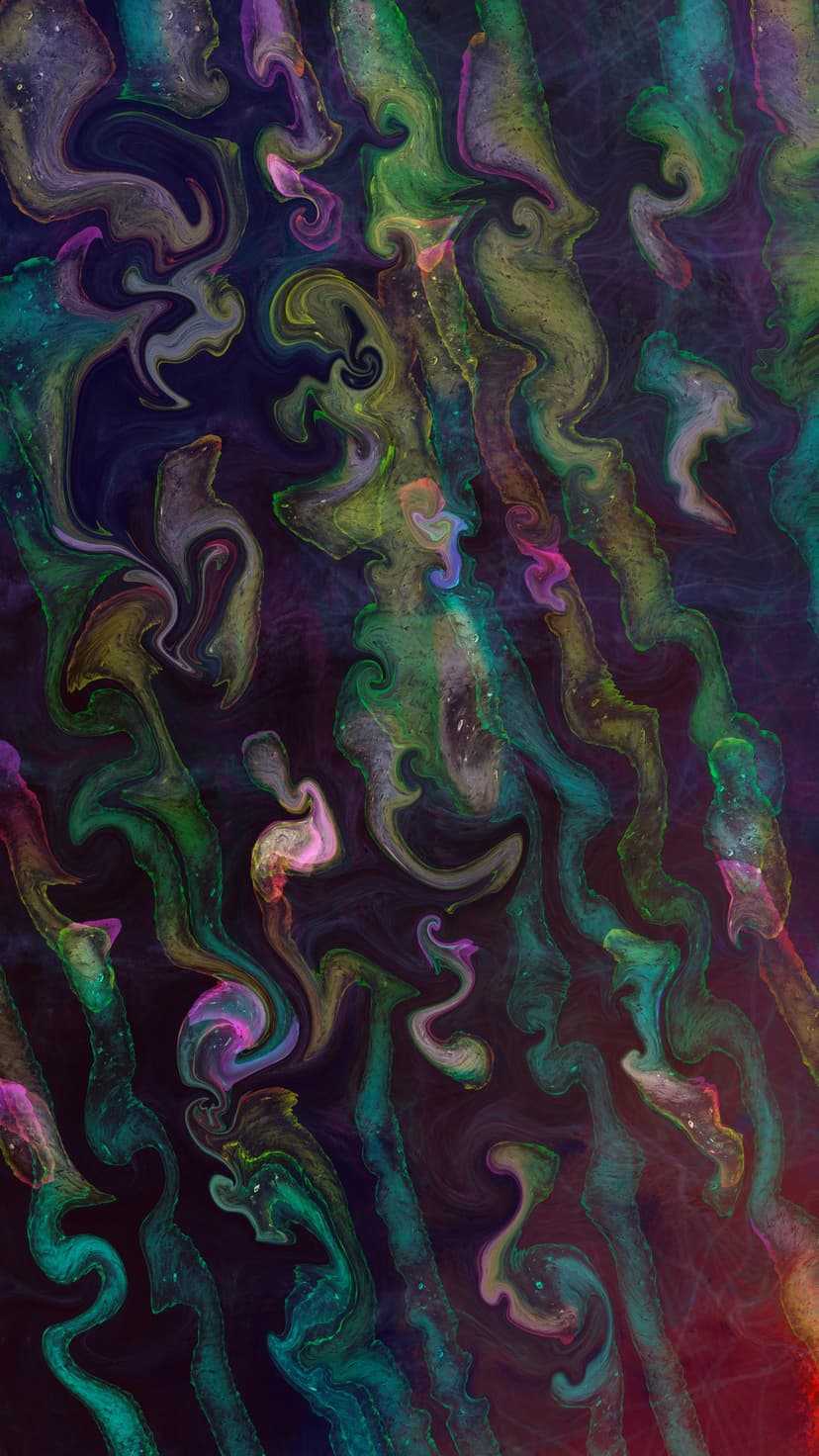 Radiant purple and green fluid swirls spiral across a dark background, creating a deep, organic marble texture.