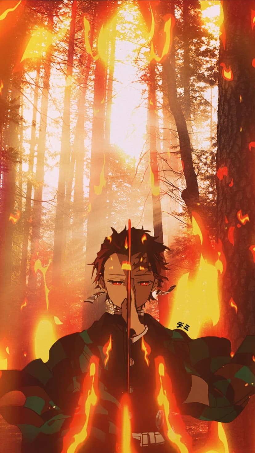 Anime warrior with a sword stands in a burning forest while glowing embers and sunbeams swirl around his body.