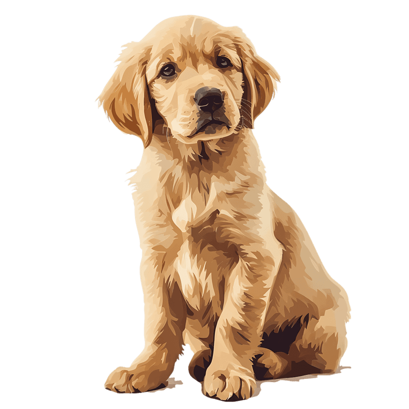 Golden retriever puppy sitting upright with fluffy golden fur and brown eyes against a solid black background.