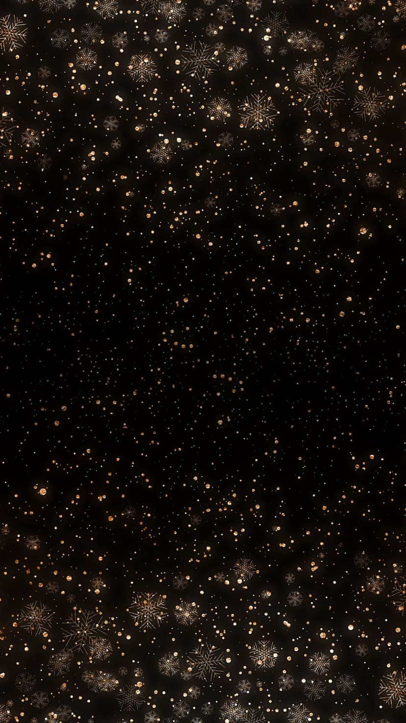 Golden snowflakes and soft yellow bokeh orbs cascade across a solid black background in a vertical layout.