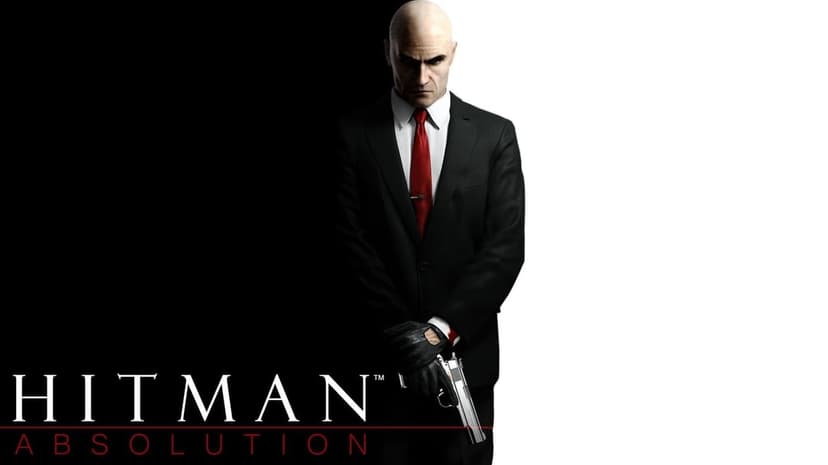 Agent 47 in a black suit holding a silver gun against a split black and white minimalist background.