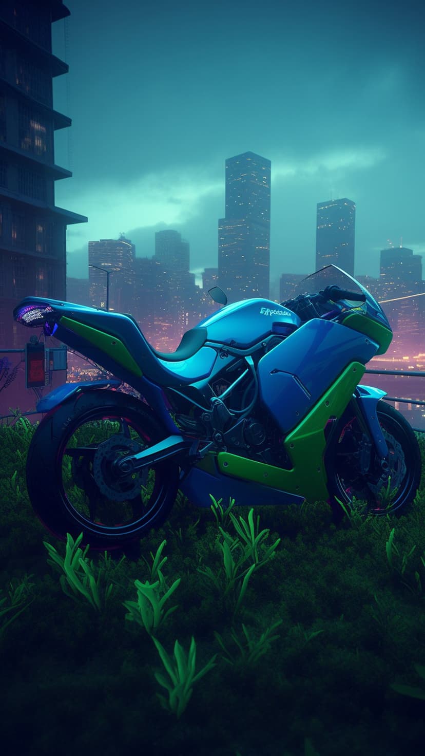 Electric motorcycle with glowing teal accents rests on grass against a blurry neon cityscape and dark teal sky.
