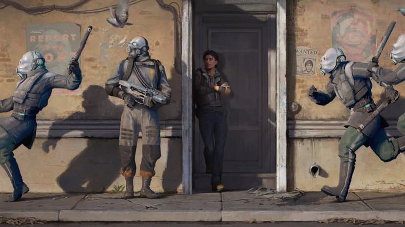 Alyx Vance leans in a doorway as Combine soldiers move past on a sunlit street with propaganda posters.