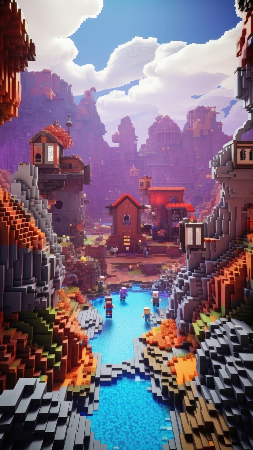 Blocky houses line a winding blue river at the base of sharp purple mountains under square white clouds.