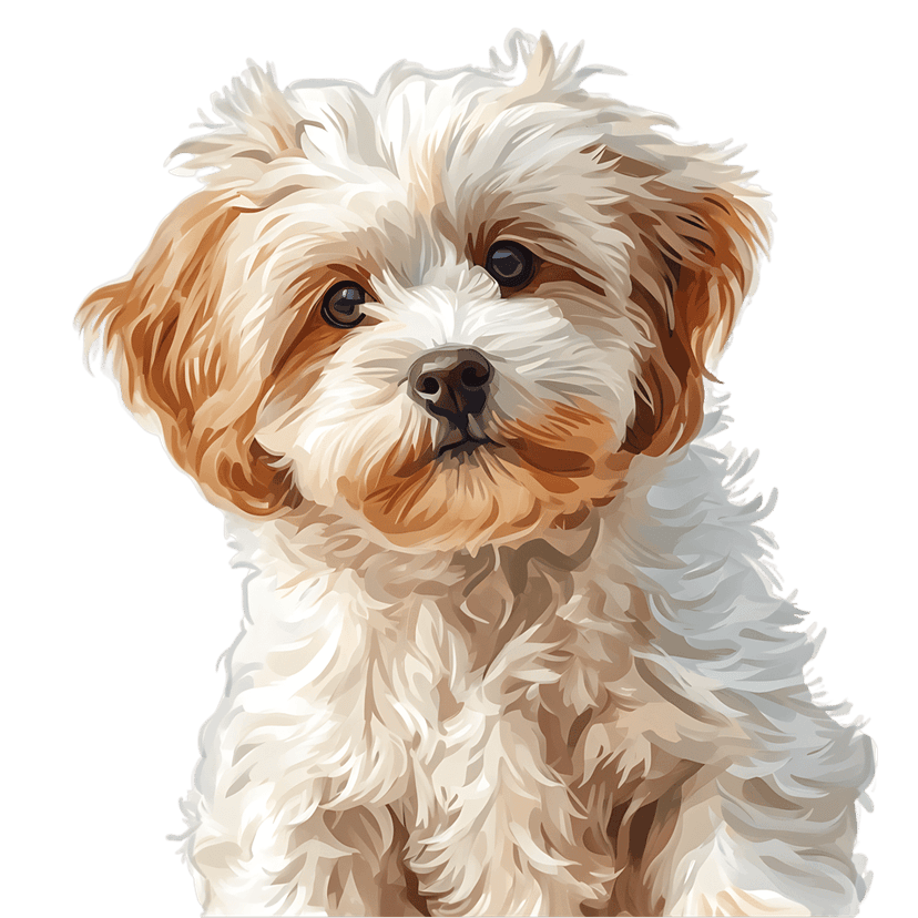 Cavapoo puppy digital painting shows cream colored textured fur and large dark eyes on a neutral background.