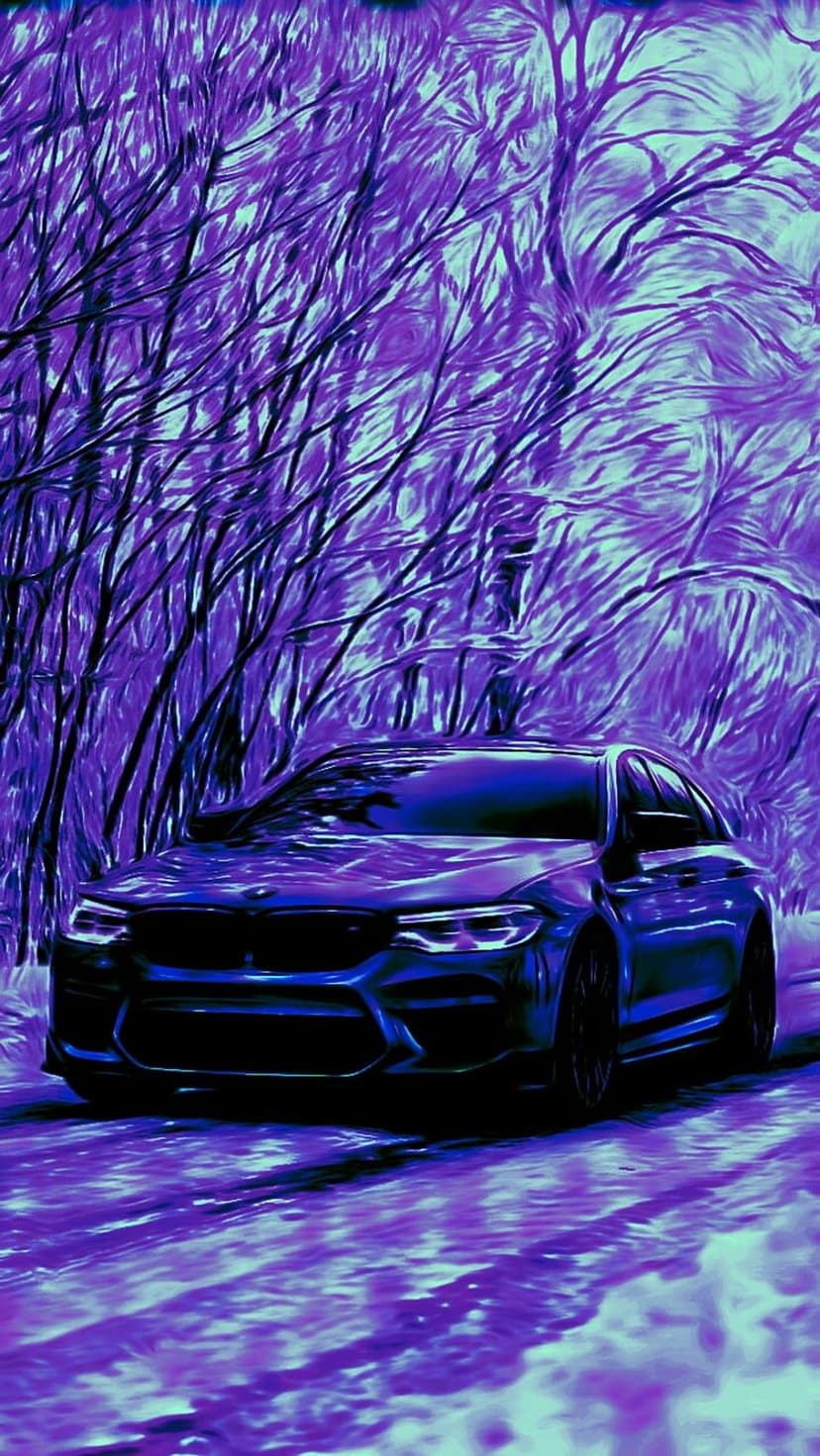 Dark blue BMW M5 parked on a path surrounded by surreal purple trees and teal abstract foliage in a moody forest.