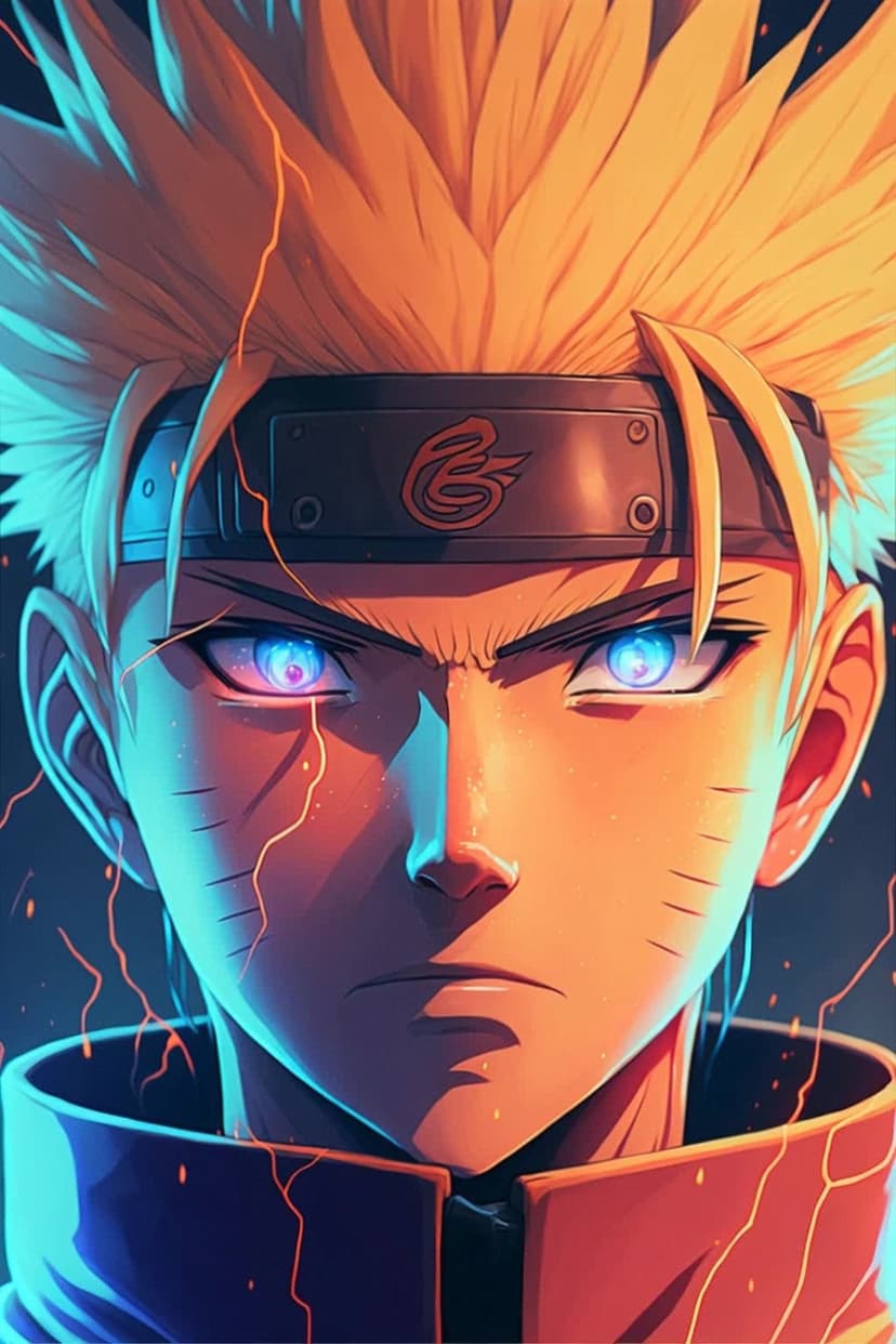 Naruto Uzumaki with glowing blue eyes, blonde spiky hair, and a Leaf Village headband in dramatic orange lighting.
