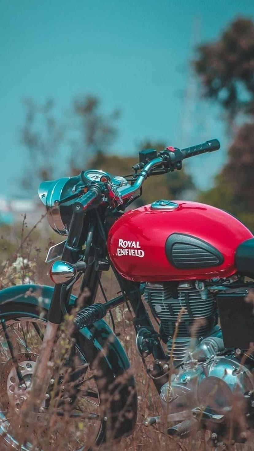 Red Royal Enfield motorcycle parked in dry yellow grass under a clear blue sky with a soft focus background.