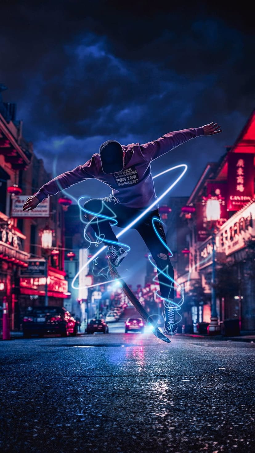 Skateboarder jumps over a wet street with glowing blue trails amidst neon city lights and Asian architecture.