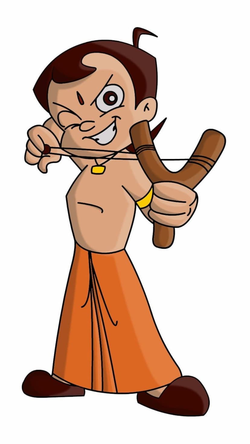 Chhota Bheem aiming a wooden slingshot while wearing an orange dhoti and yellow necklace on a clear background.