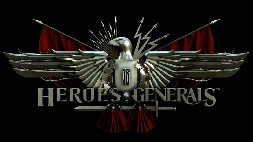 Silver eagle crest with red banners and the Heroes and Generals title on a dark high-contrast background.