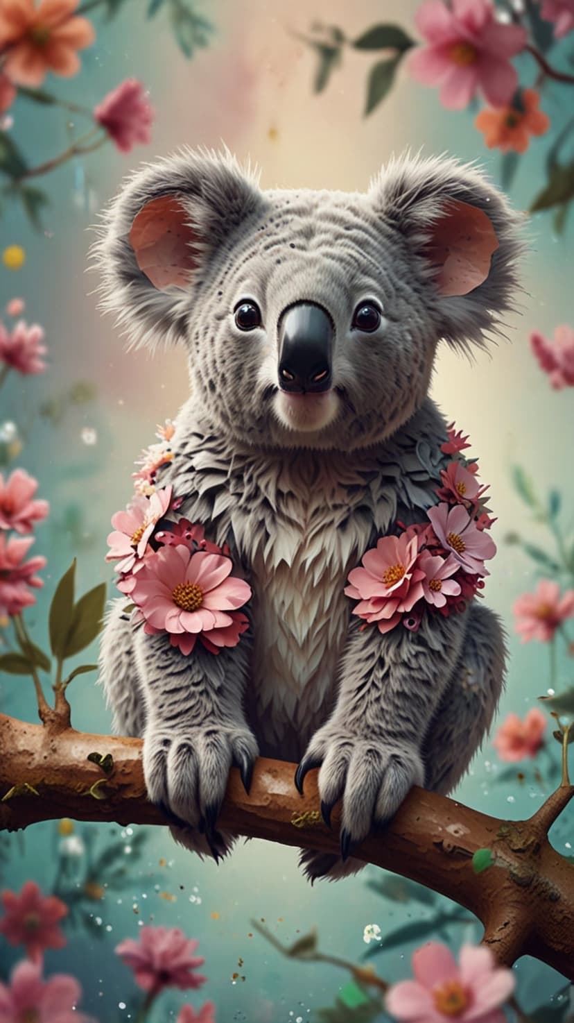 Gray koala with pink flowers around its neck sits on a branch against a blurred teal and green floral backdrop.