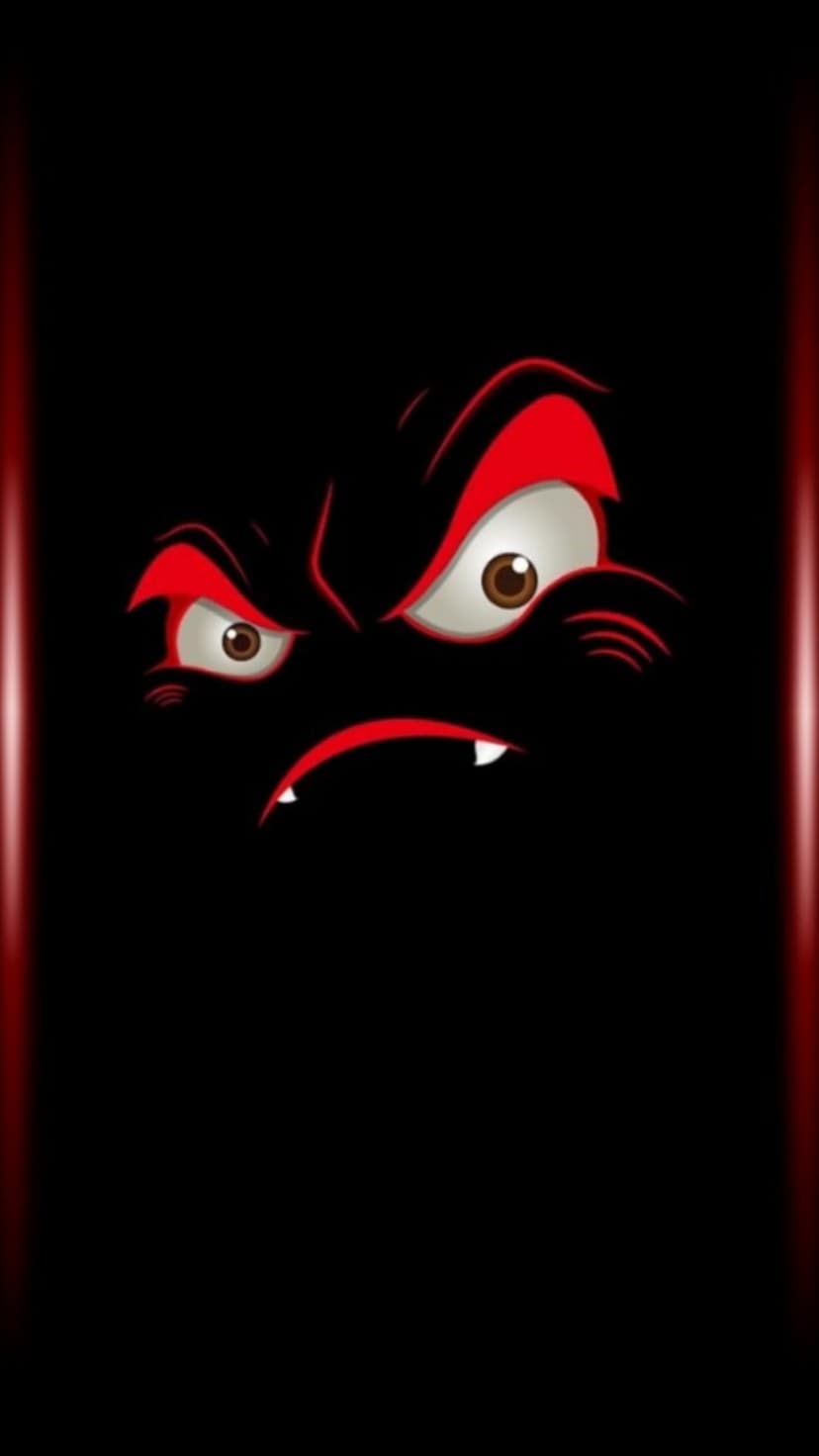 Angry monster face with glowing red eyebrows and sharp eyes set against a black background with red light streaks.