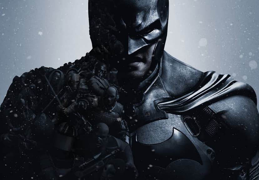 Batman in tactical armor with villains silhouetted on his shoulder amidst falling snow in a dark blue scene.