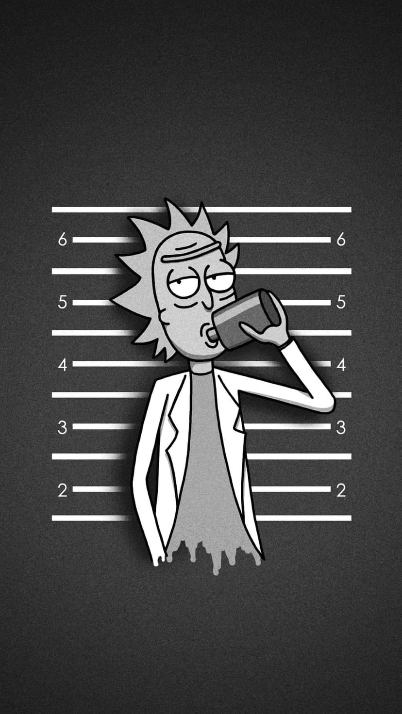 Rick Sanchez holds a drink in a police mugshot with height markings in a high-contrast black and white style.