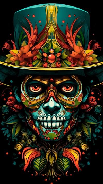 Vibrant Sugar Skull with Top Hat and Floral Accents